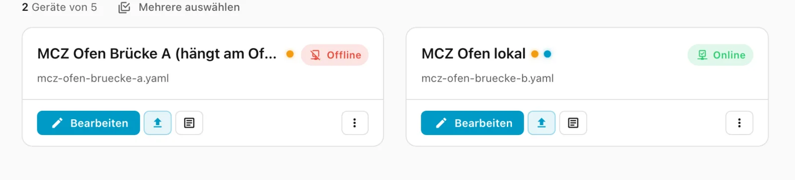 ESPHome Device Builder mit den Geräten MCZ Ofen Brücke A (offline) und MCZ Ofen lokal (online)