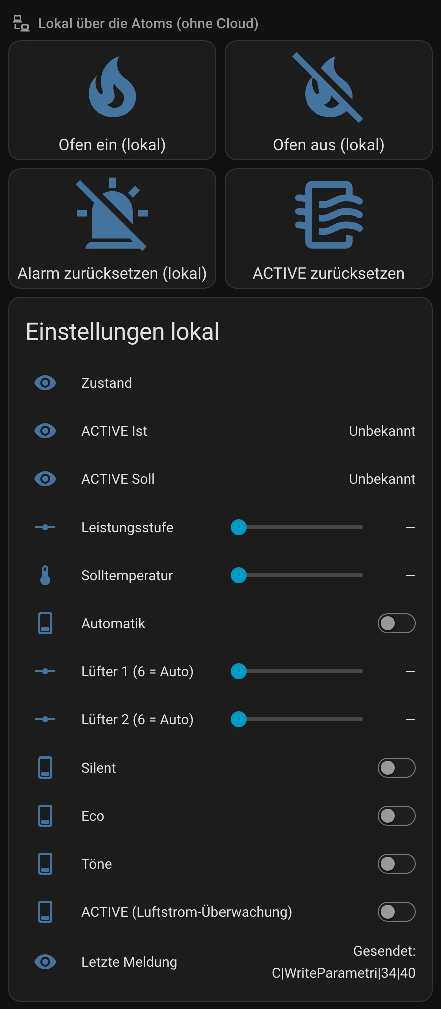 Home-Assistant-Steuerung mit Tasten Ofen ein, Ofen aus, Alarm zurücksetzen, ACTIVE zurücksetzen und den lokalen Einstellungen